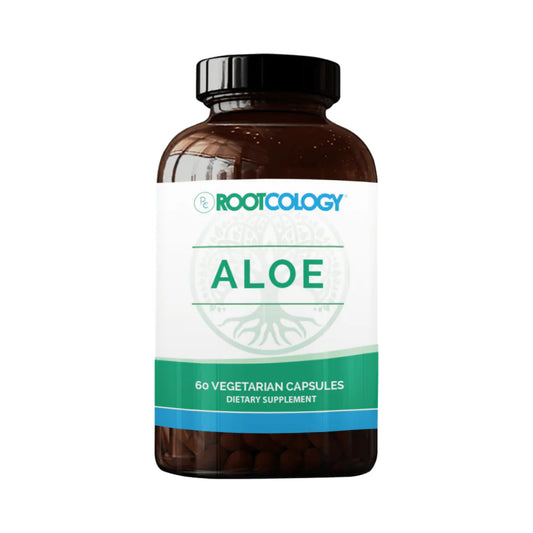 Bottle label showing Rootcology Aloe Vera Capsules for GI support
