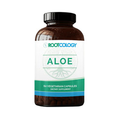 Bottle label showing Rootcology Aloe Vera Capsules for GI support