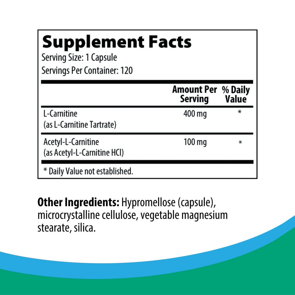 Close-up of supplement label showing 400 mg L-carnitine and 100 mg acetyl-L-carnitine