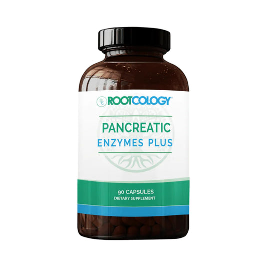 Rootcology Pancreatic Enzymes Plus bottle on white background