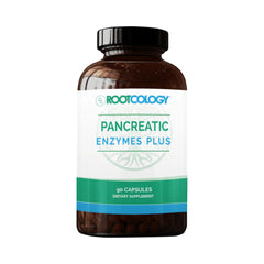 Rootcology Pancreatic Enzymes Plus bottle on white background