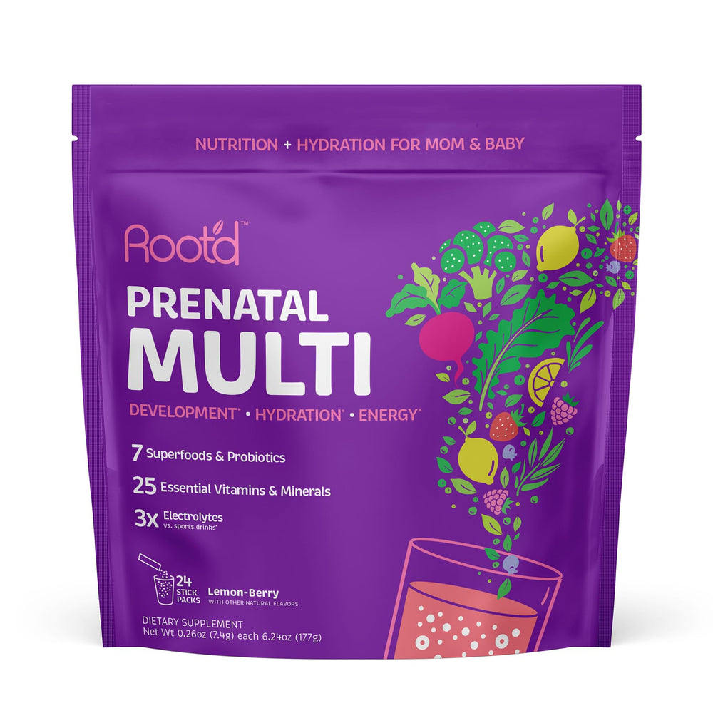 Root'd Prenatal Multivitamin Powder bottle pouring for easy daily nourishment