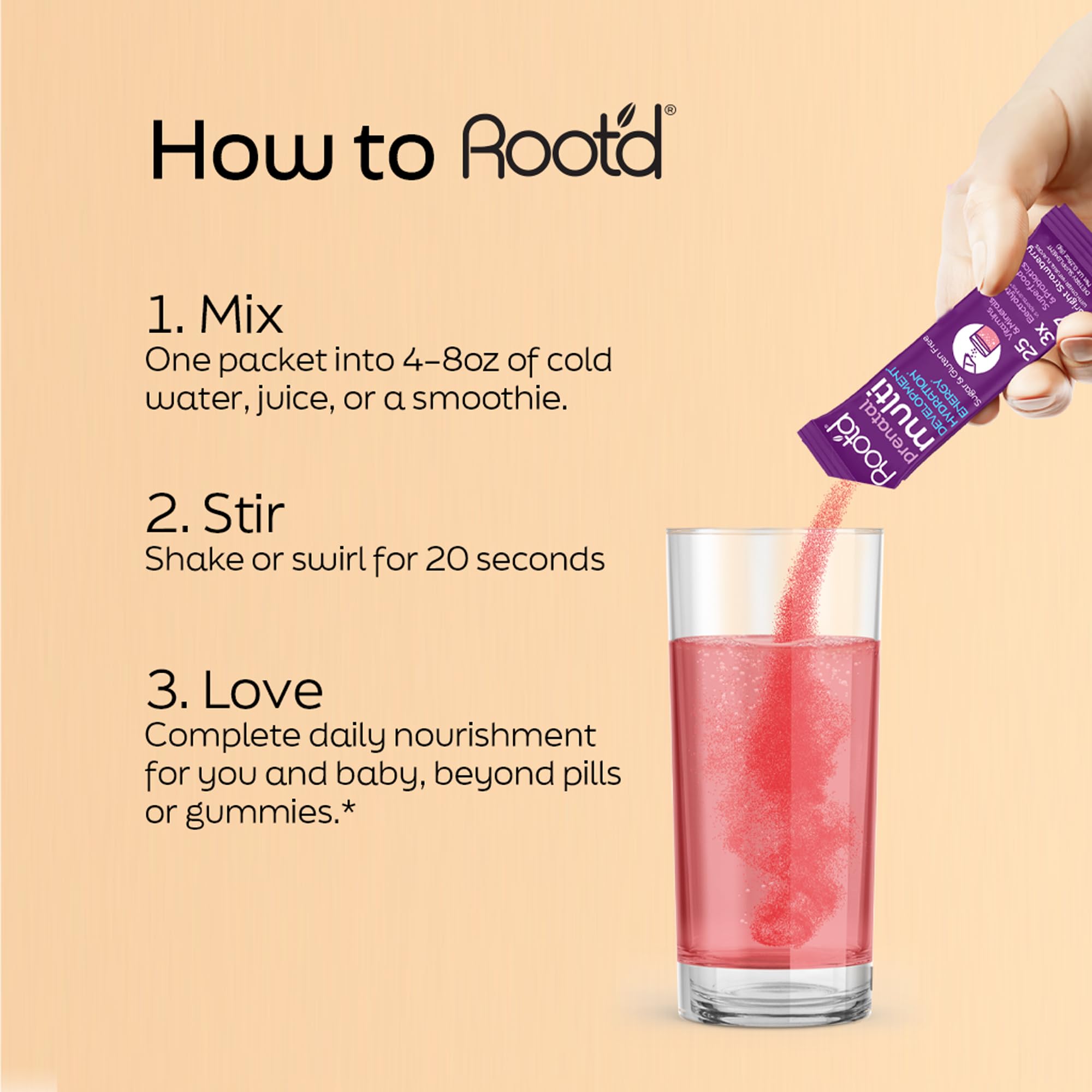 Root'd Prenatal Multivitamin Powder ingredients label highlights 25 vitamins and minerals