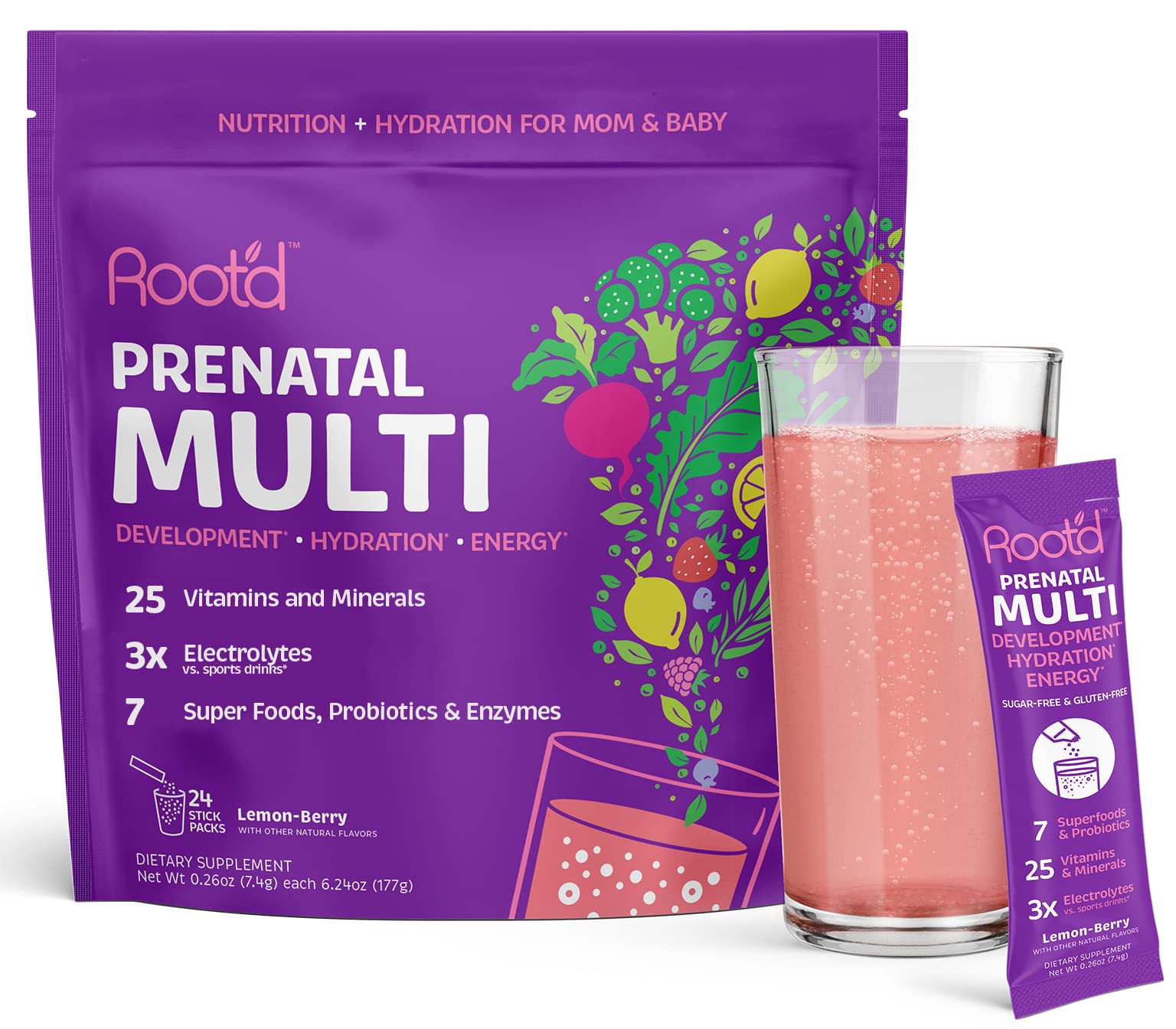 Box and bottle packaging of Root'd Prenatal Multivitamin Powder