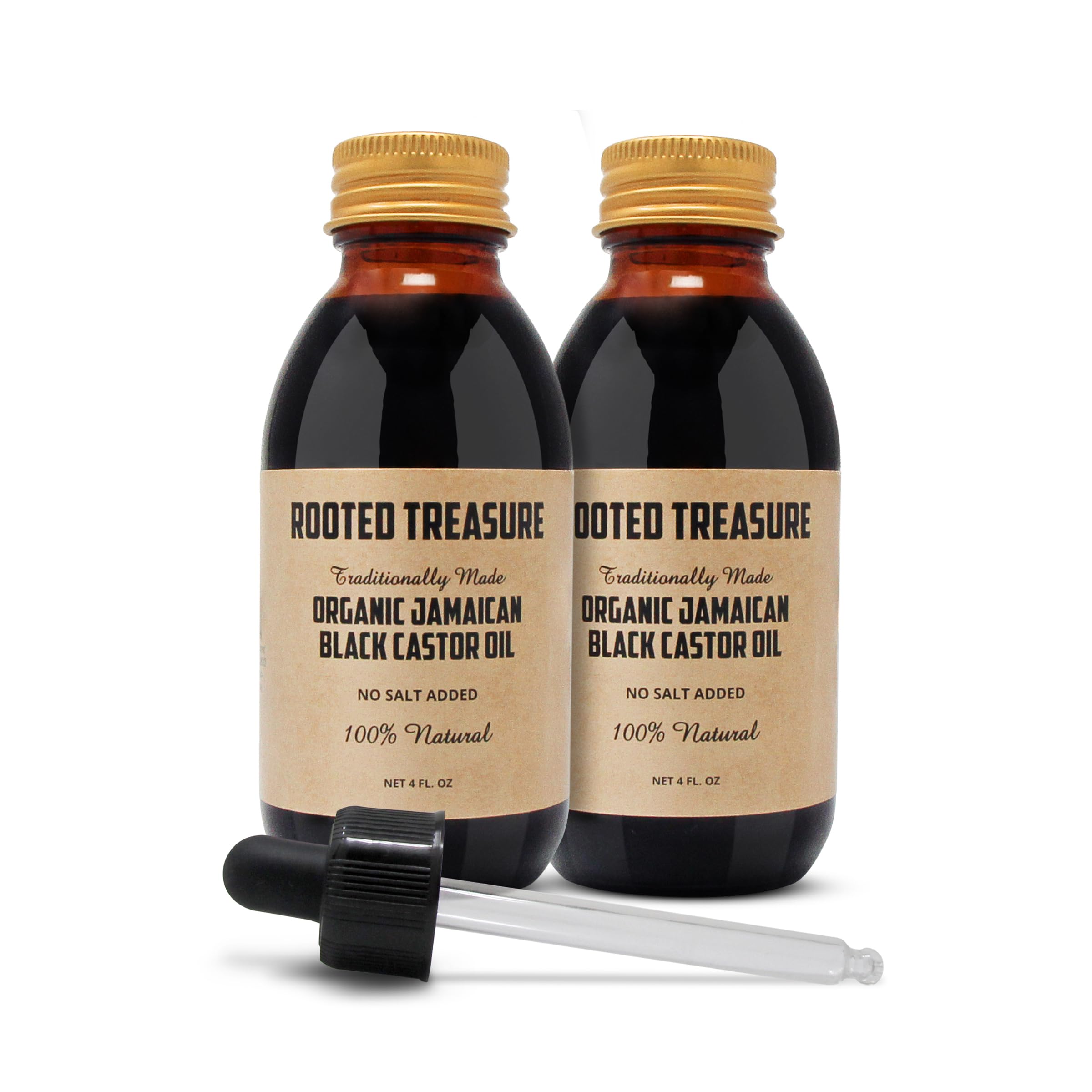 Two 4 oz bottles of Rooted Treasure Organic Jamaican Black Castor Oil