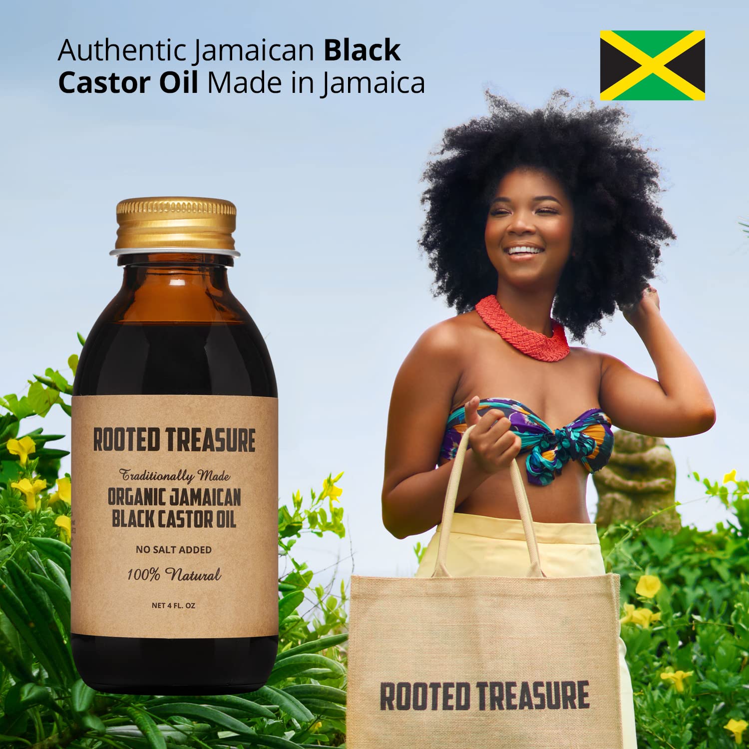 Rooted Treasure Jamaican Black Castor Oil bottle for hair, beard, and eyebrow growth