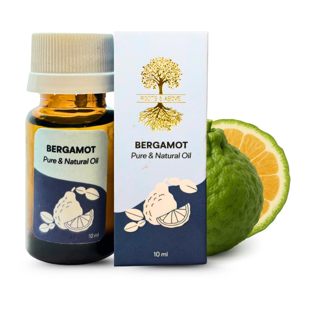 Roots & Above bergamot essential oil bottle 10ml ready for skincare routines