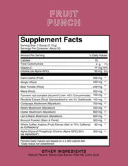 Back label with nutrition facts for Roots Focus Fruit Punch