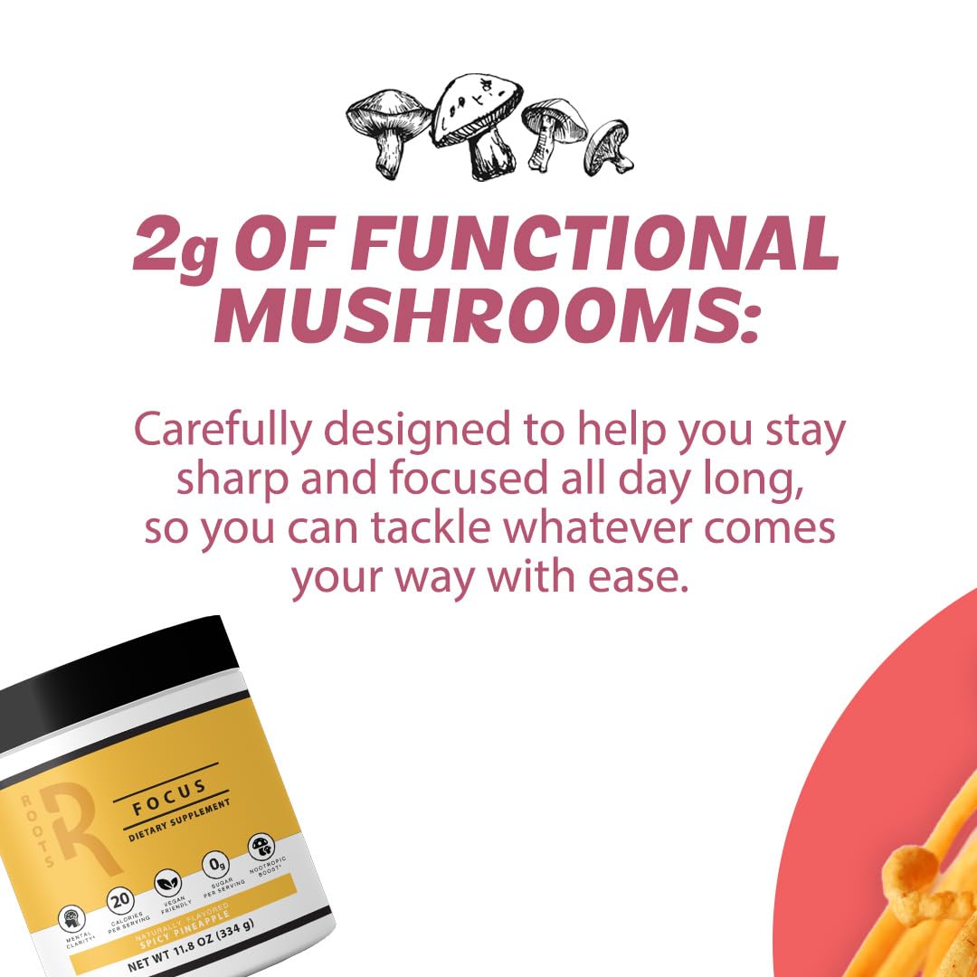 Four-mushroom blend components displayed on Roots Focus packaging
