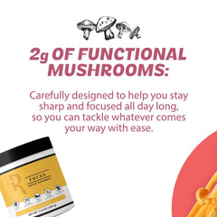 Four-mushroom blend components displayed on Roots Focus packaging