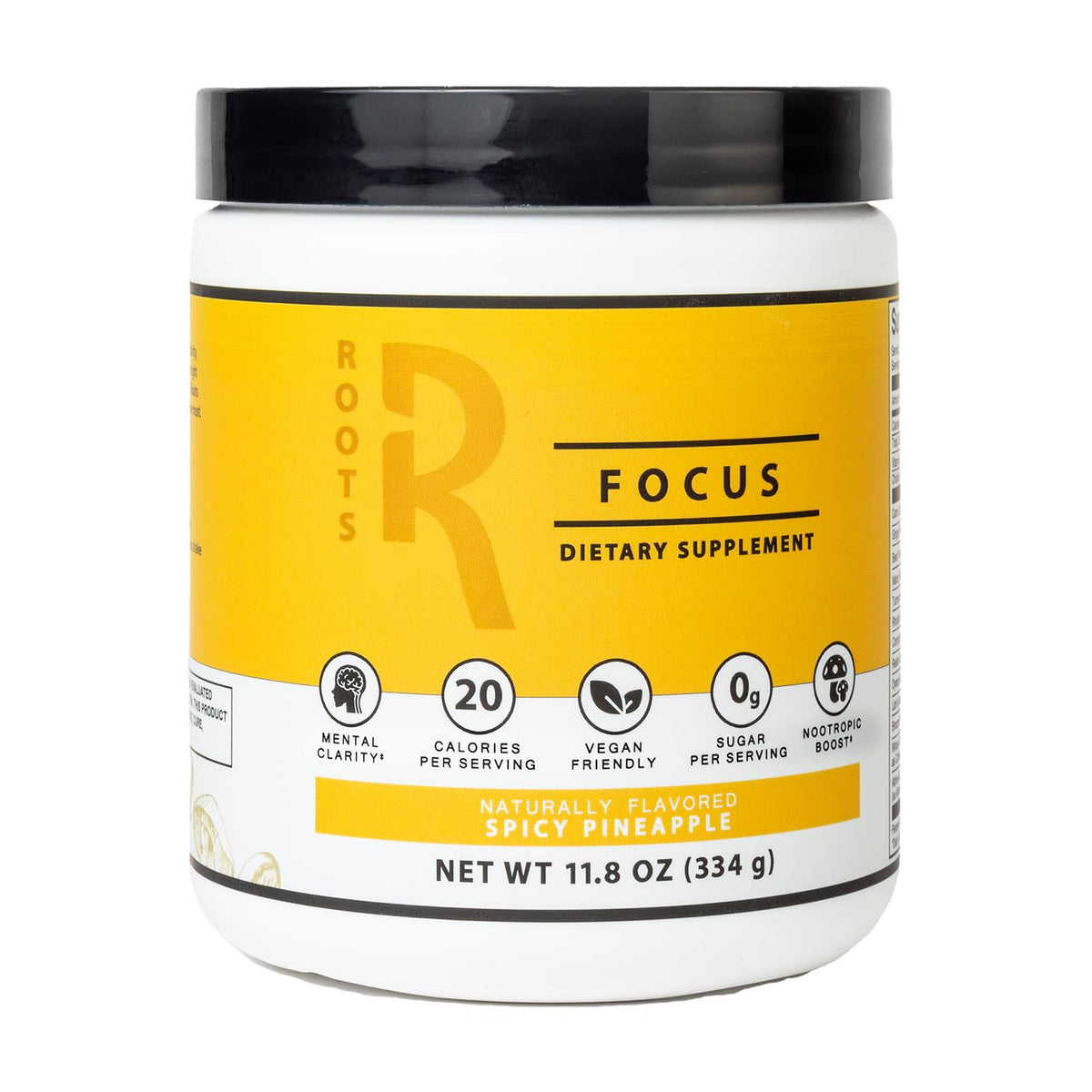 Front view of Roots Focus Spicy Pineapple bottle with label visible