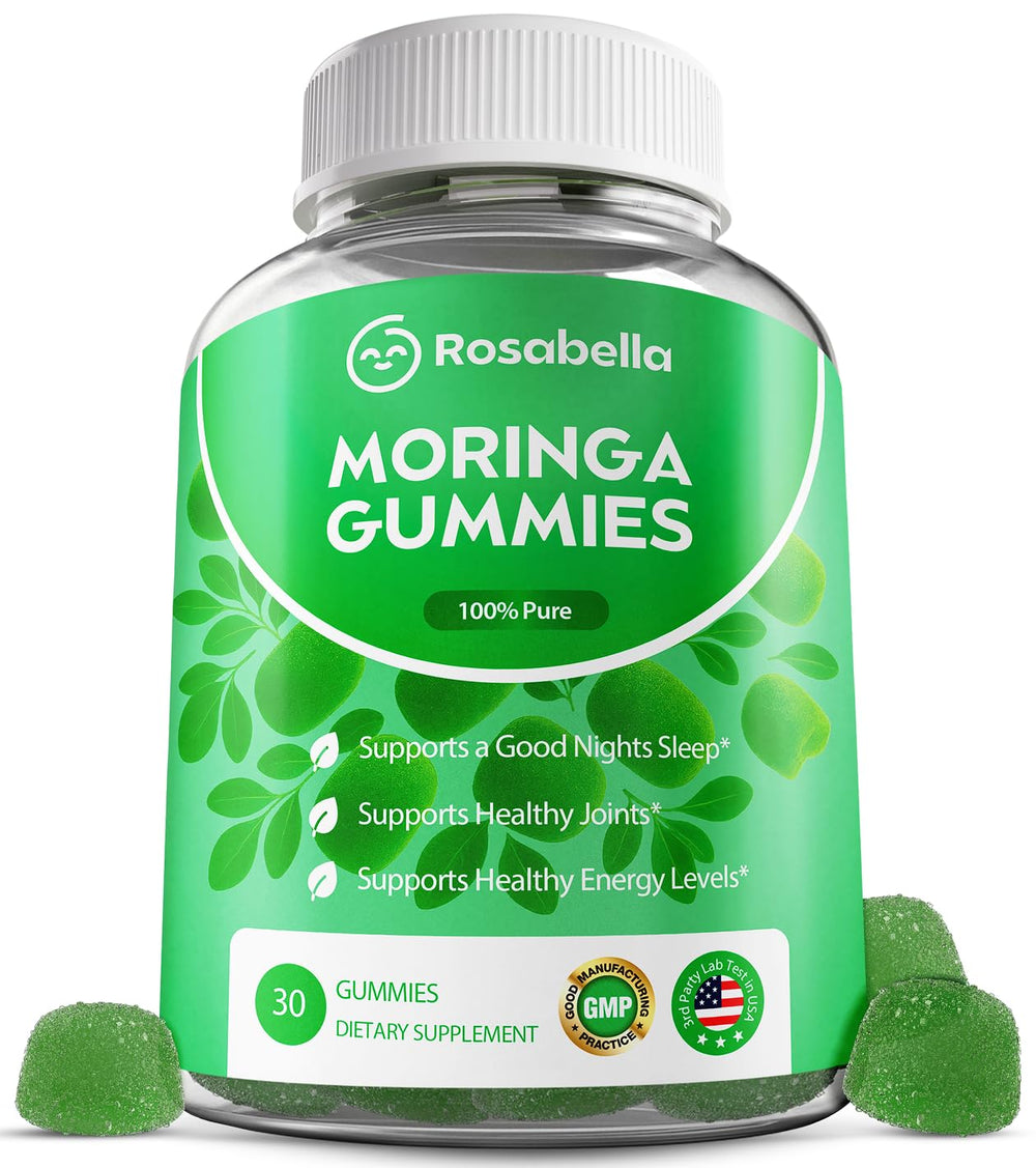 Rosabella Moringa Gummies bottle with label on white background