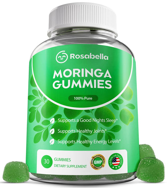 Rosabella Moringa Gummies bottle with label on white background