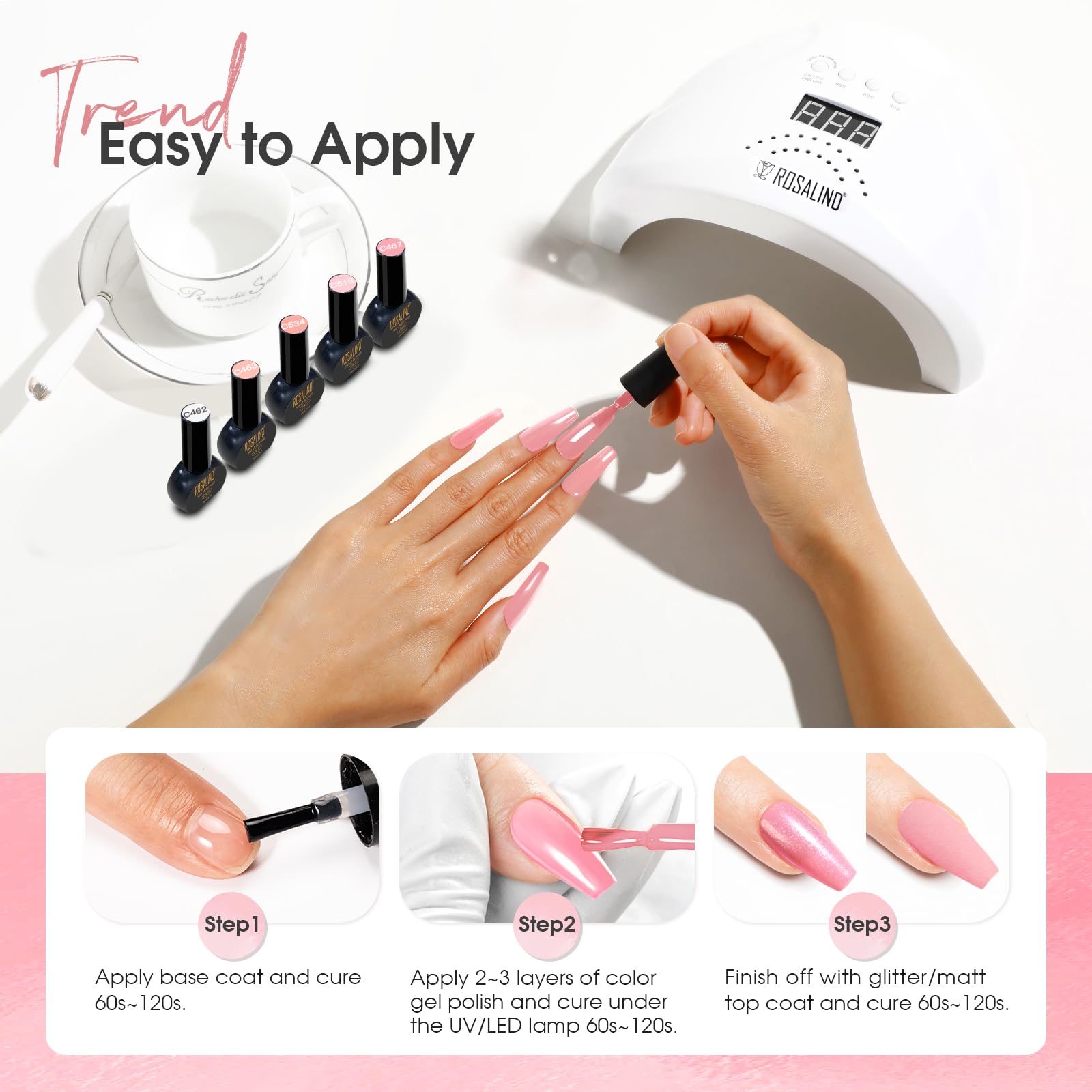 Rosalind Nail application steps illustrate easy layering and curing.