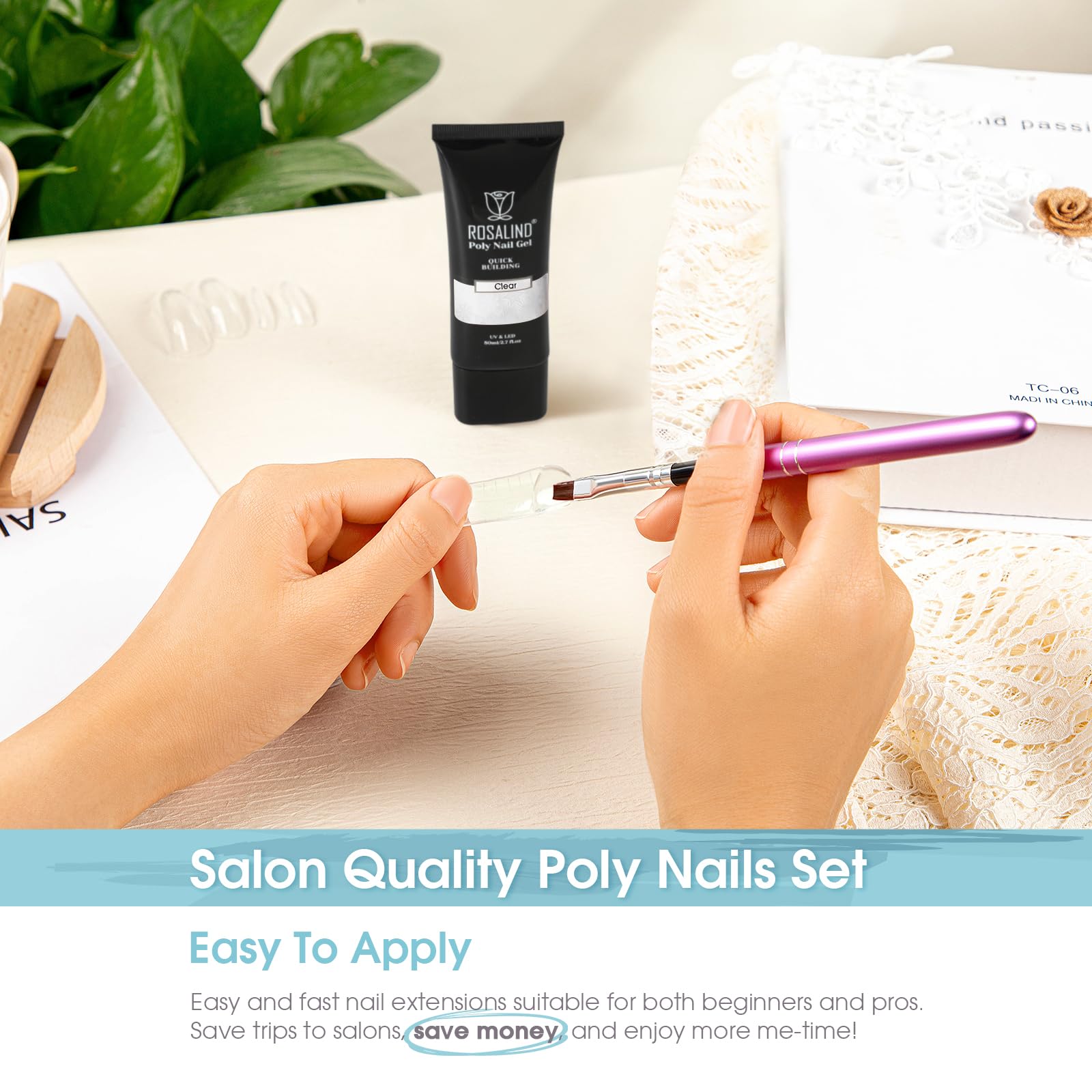 ROSALIND builder gel on square nails for clean shapes.