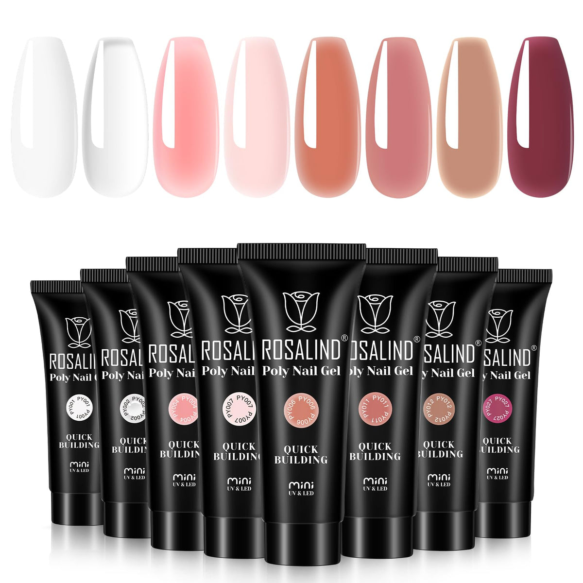 ROSALIND Christmas poly nail gel set swatches showing eight colors for versatile nail art