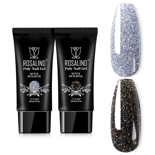 ROSALIND Glitter Black&Silver extension gel tube 1oz showing festive sparkle