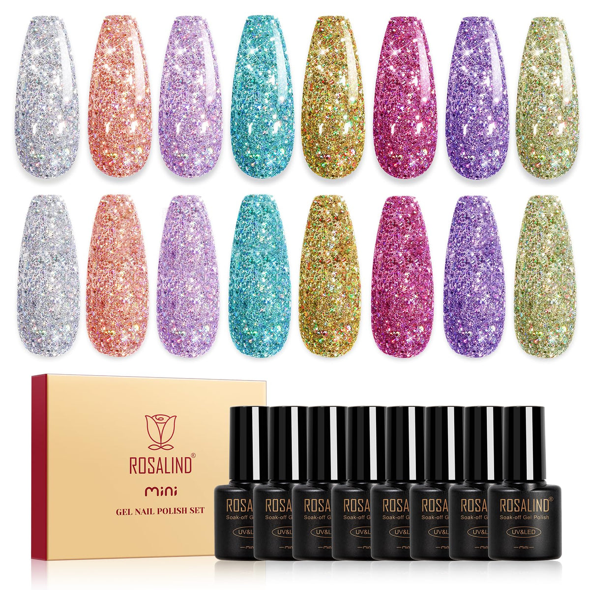 ROSALIND Glitter Gel Polish eight-color collection bottle display with radiant diamond sparkle.