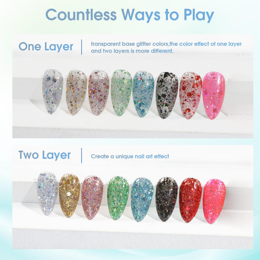 Rosalind Glitter Sequins Gel Polish bottle closeup shows rich glitter particles for salon-worthy shine