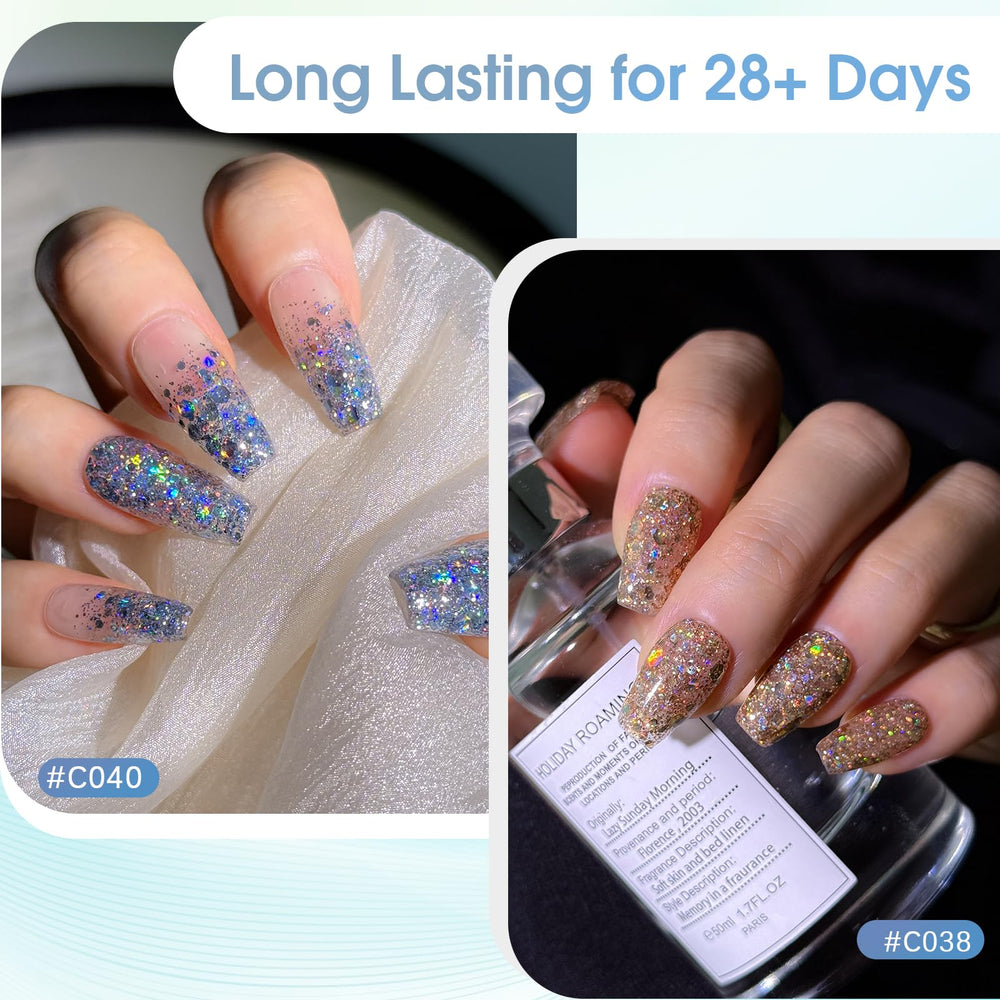 Rosalind Glitter Sequins Gel Polish top coat creates glossy finish and protection