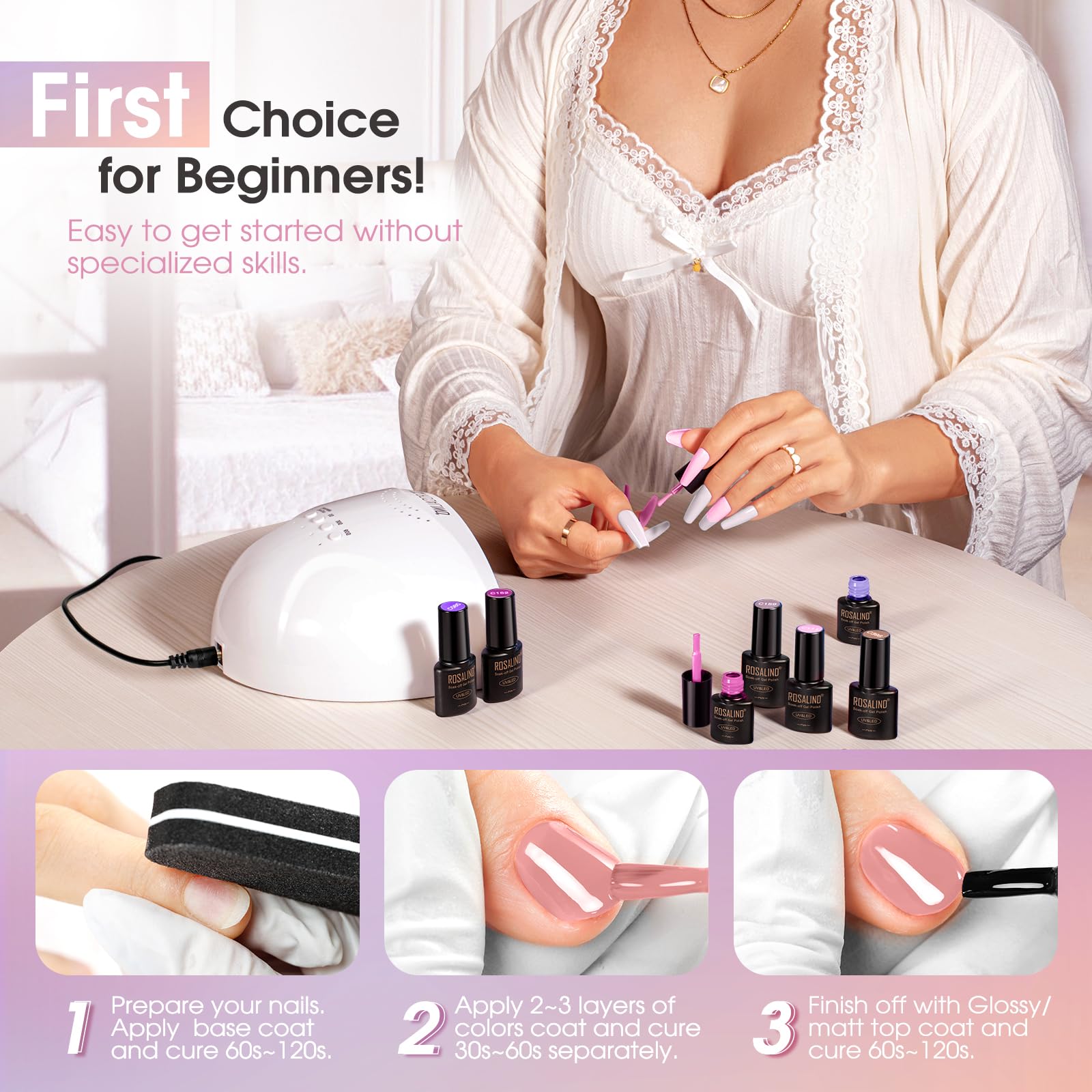 ROSALIND glossy gel nails shine with a sleek, durable surface.