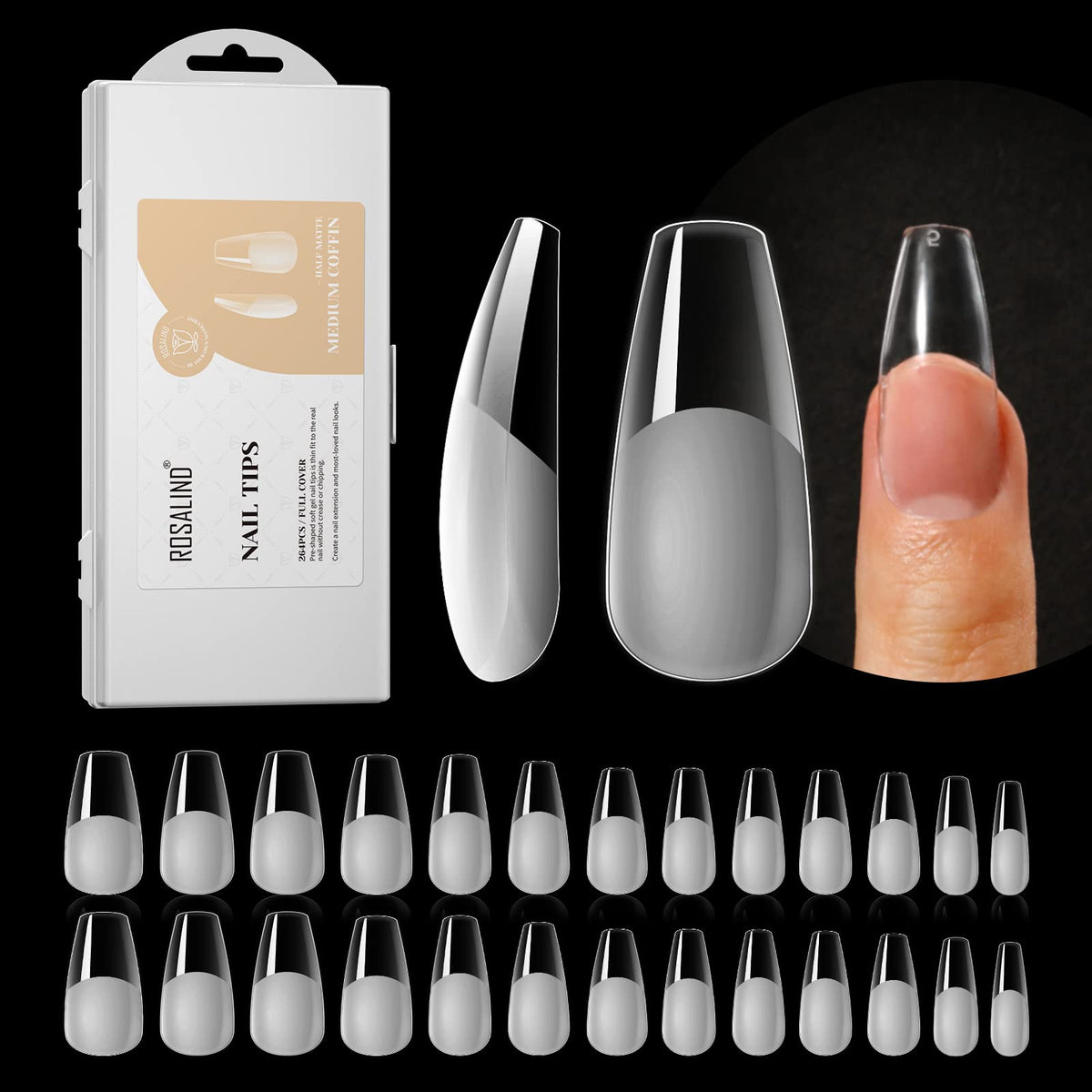 ROSALIND half-matte-medium-coffin-nail-tips for quick extensions with a natural, professional look.