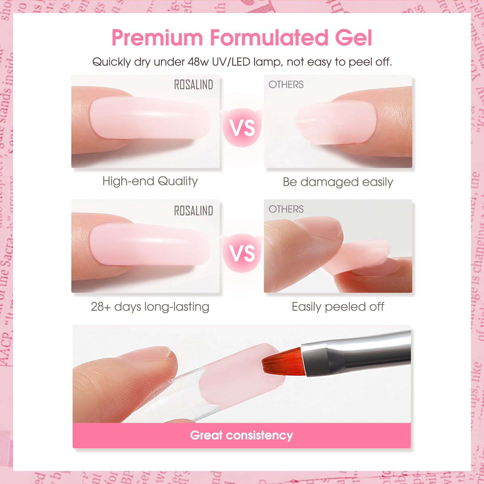 Rosalind long-lasting gel in pink and clear colors for month-long wear