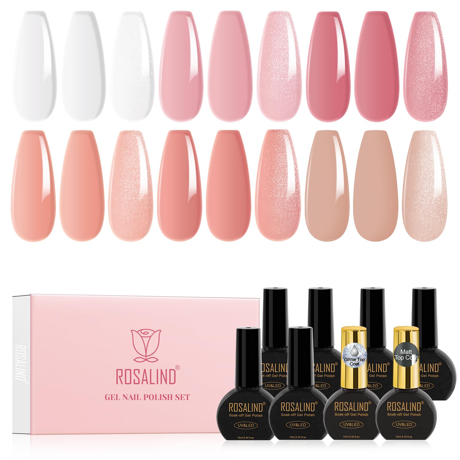 Rosalind Nude Gel Polish Set swatches show six sheer jelly colors for versatile nail looks.