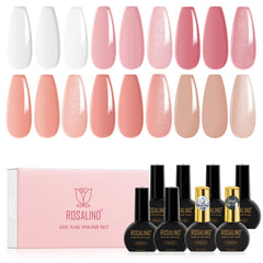 Rosalind Nude Gel Polish Set swatches show six sheer jelly colors for versatile nail looks.