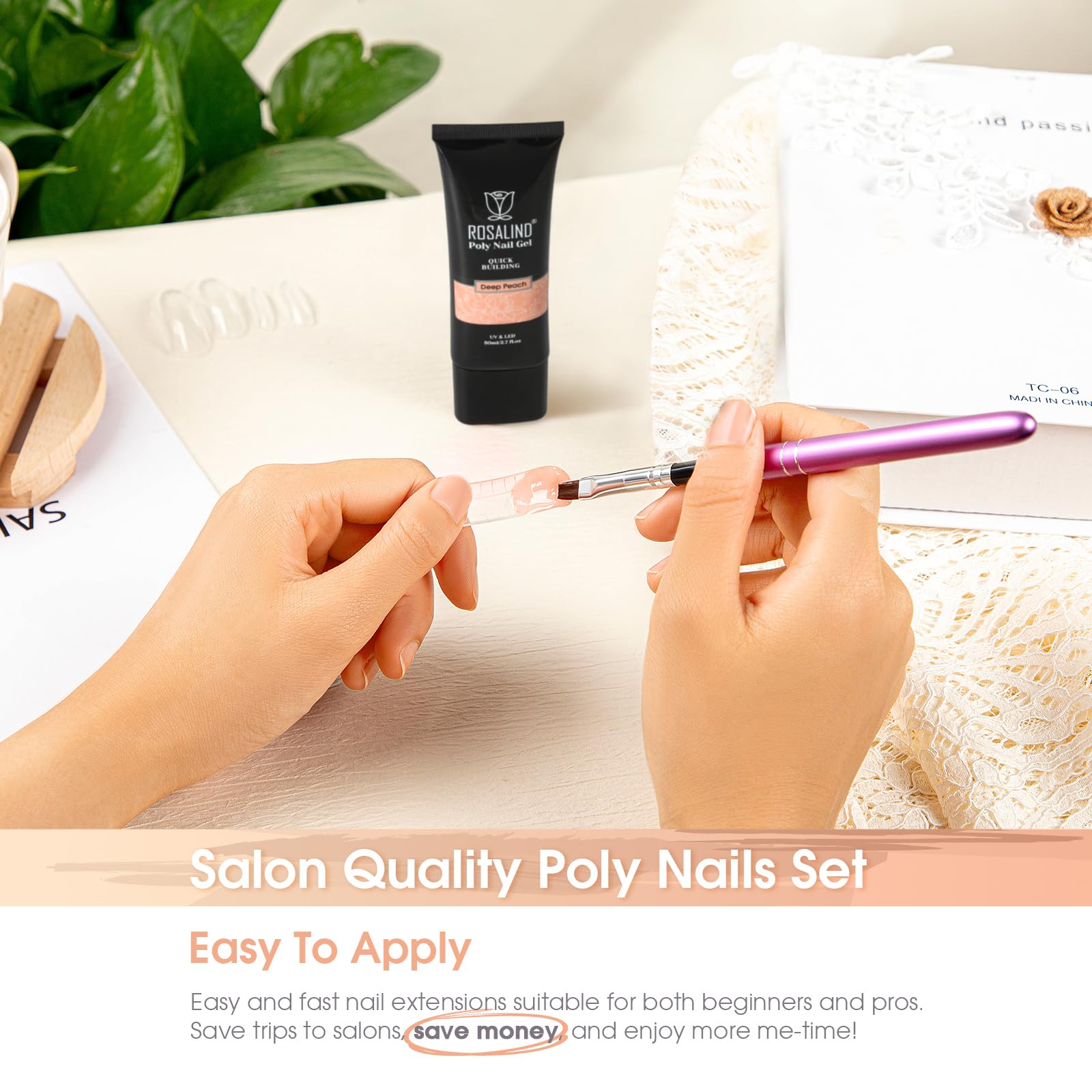 Prep scene with ROSALIND Nude Poly Nail Gel for better adhesion.