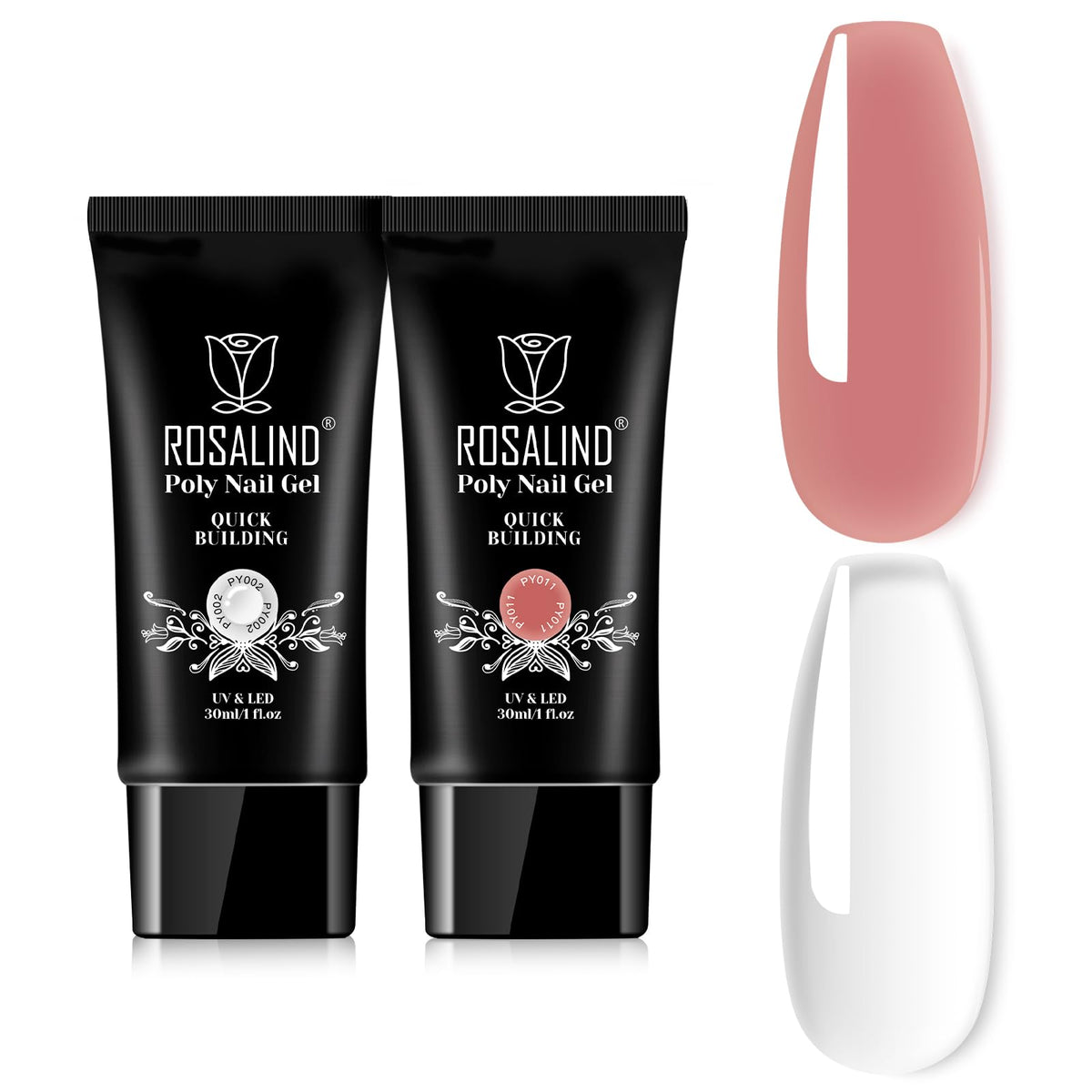 ROSALIND pack-shot showing Clear and Deep Nude extension gels for easy at-home manicure