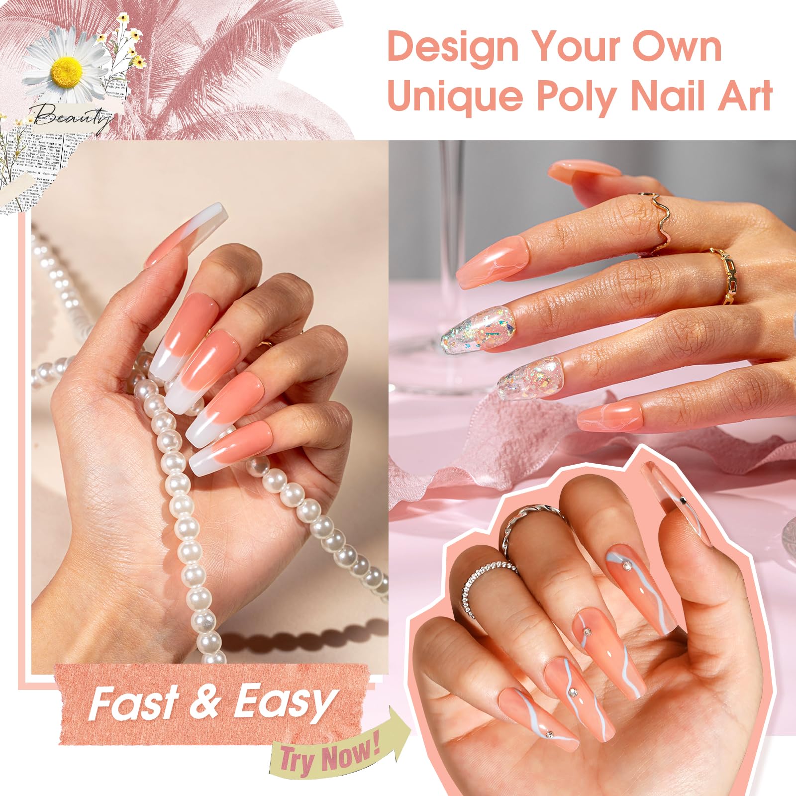 Peach nude gel used for glitter and dried flower nail art accents.