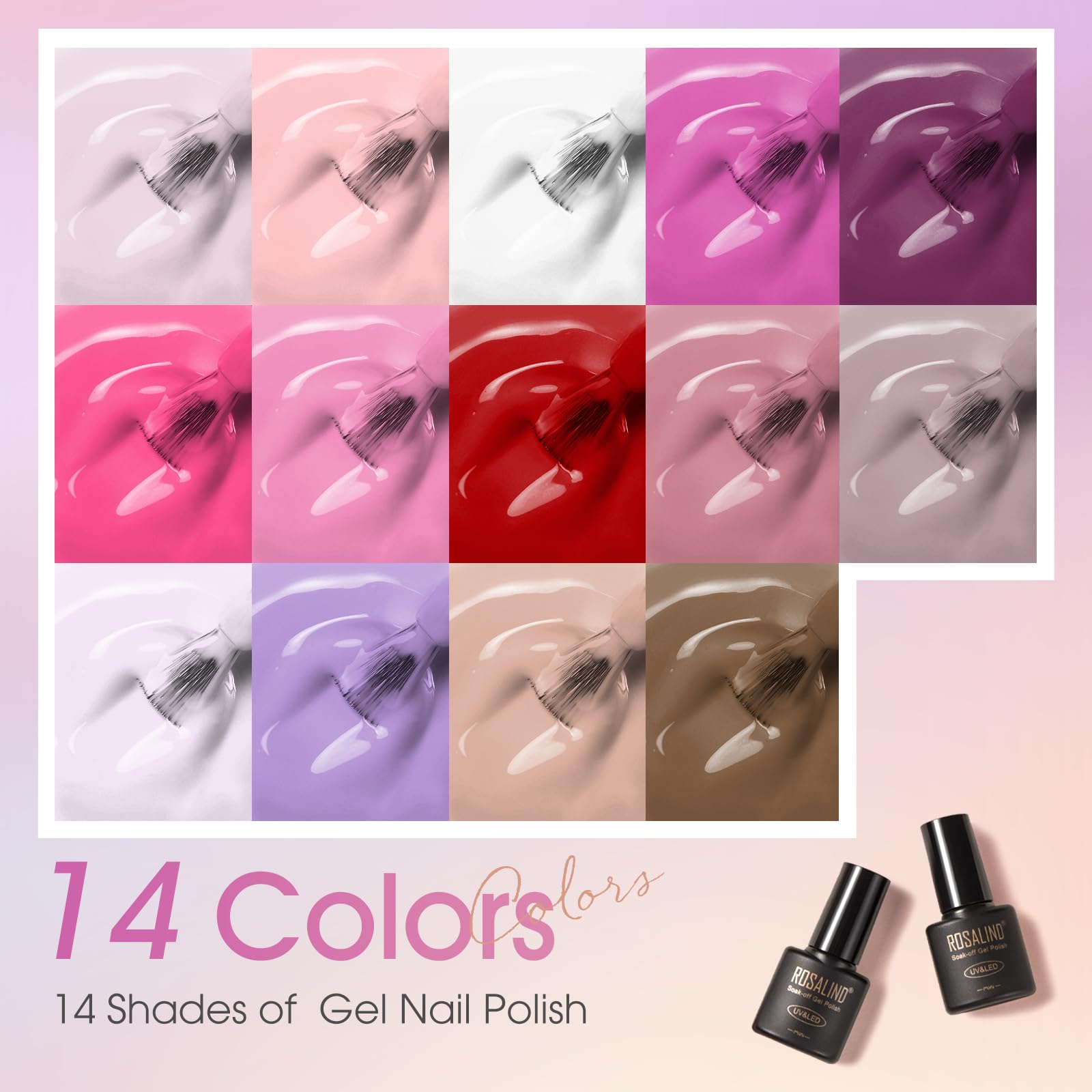 ROSALIND rose pink color swatch board highlights 14 hues for custom nail art.