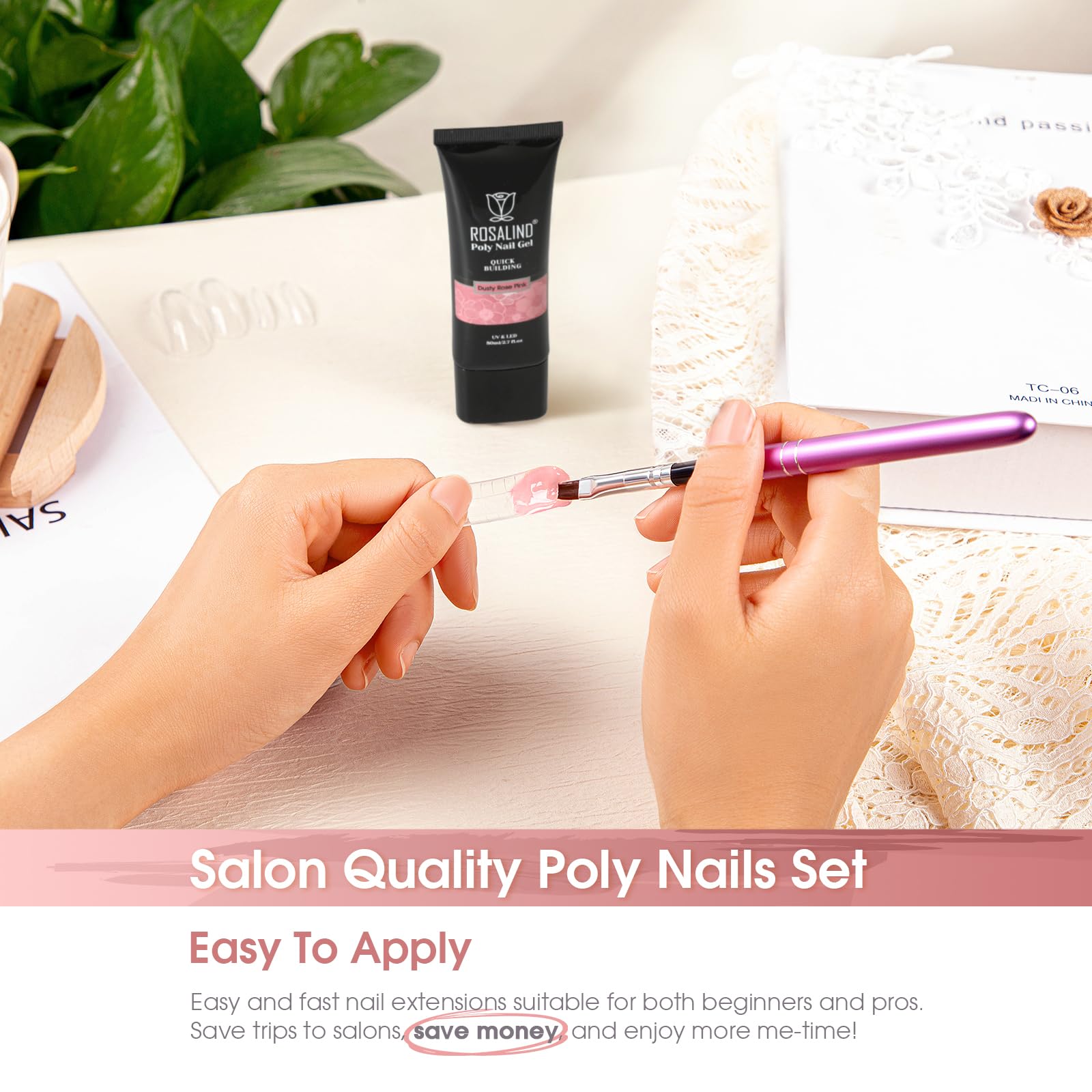 ROSALIND Rose Pink poly gel nail-art-demo with glitter accents