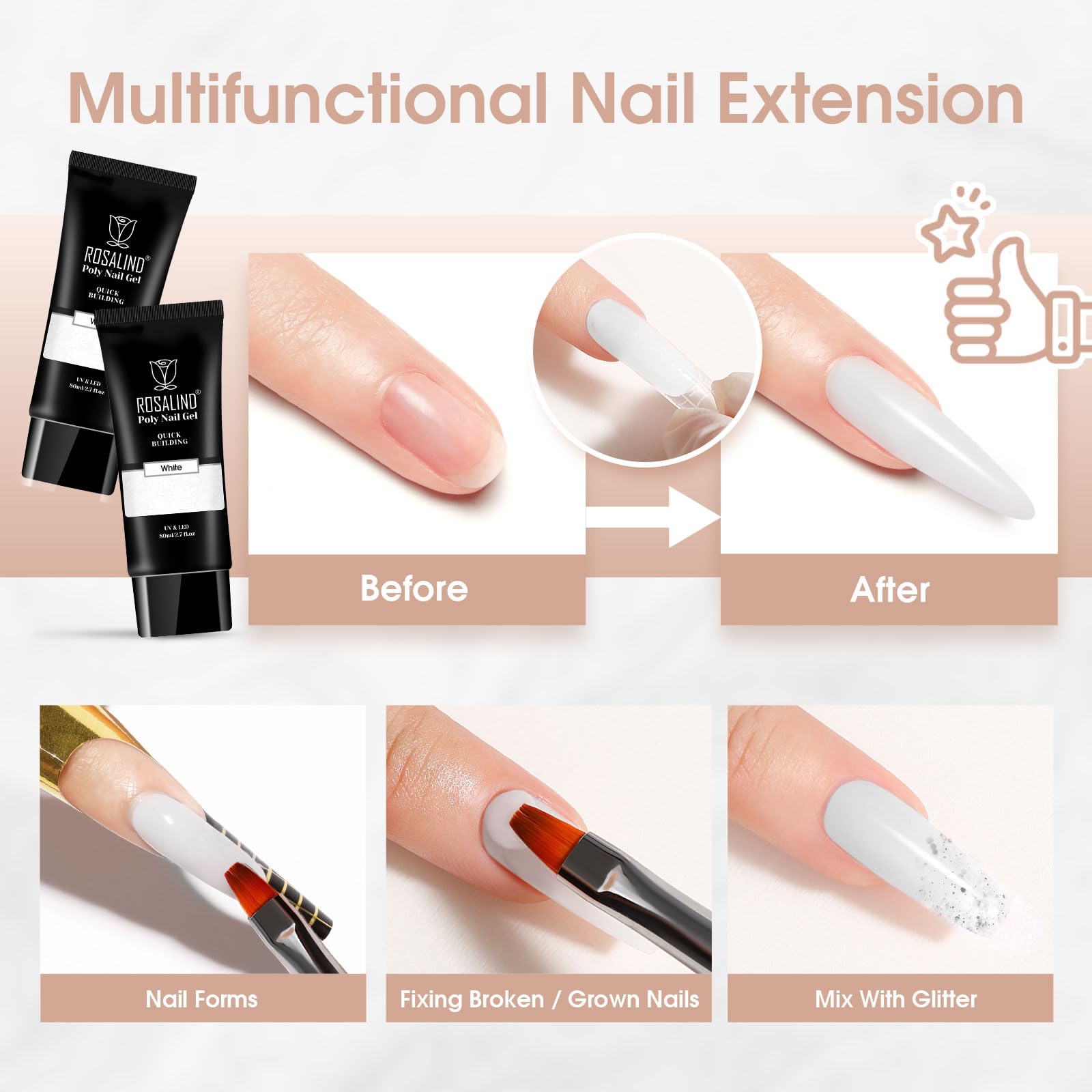 ROSALIND White Poly Extension Gel is ideal for refills every two weeks as nails grow.