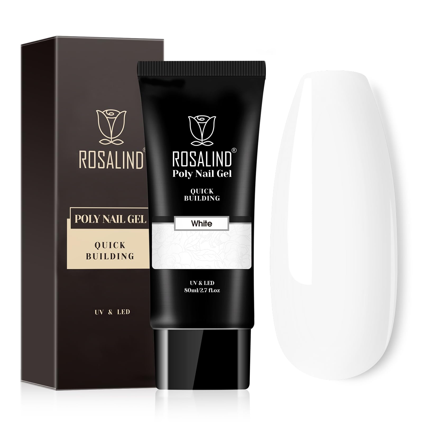 ROSALIND White Poly Extension Gel bottle close-up highlighting 80 ml capacity for extended DIY nail art.