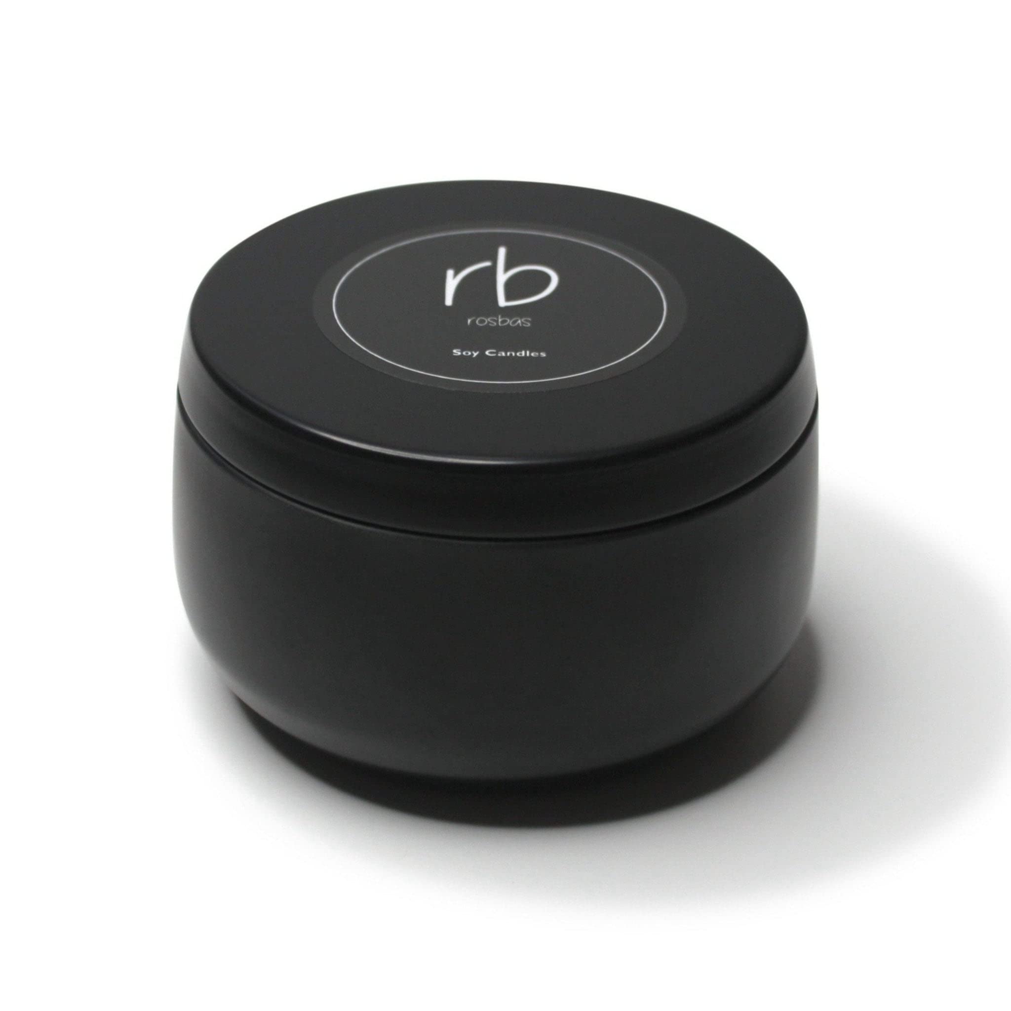 Rosbas Palo Santo candle in black tin closeup for ambient relaxation and clean burn.