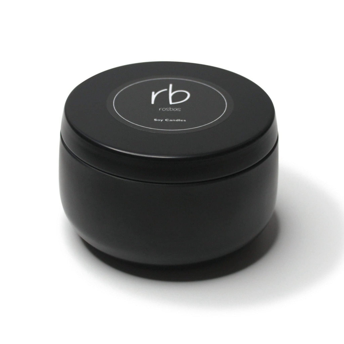 Rosbas Palo Santo candle in black tin closeup for ambient relaxation and clean burn.
