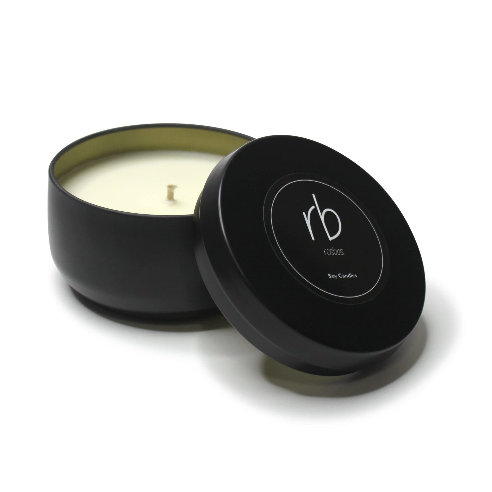 Rosbas Palo Santo candle tin top view highlighting long burn time and steady flame.
