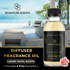 Close-up of Rose Amour diffuser oil 120ml bottle