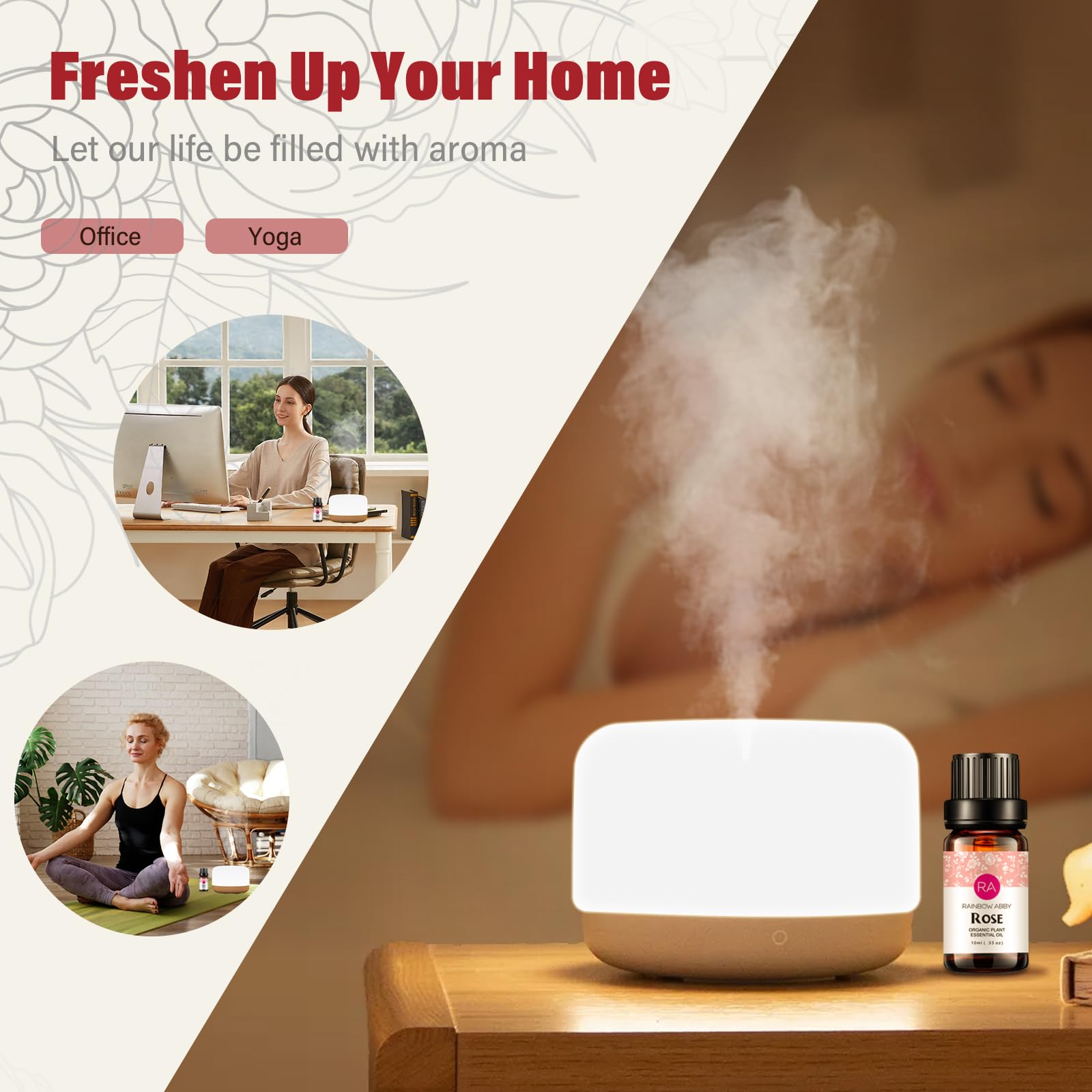 Rose essential oil bottle with diffuser setup