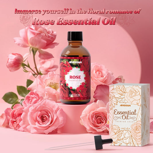 Close-up of rose petals with steam-distilled rose essential oil