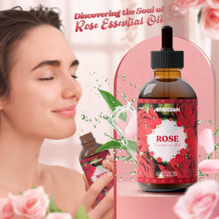 Gift-ready bottle of rose essential oil with floral accents