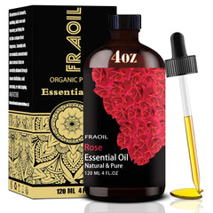 Rose Essential Oil in 4 oz amber glass bottle with dropper