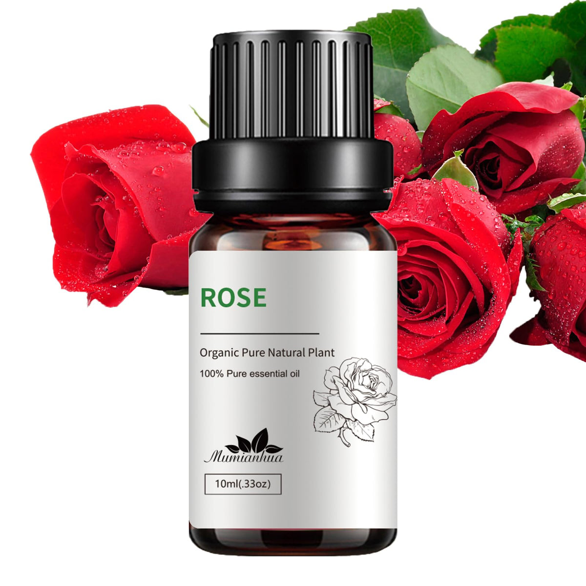 Rose essential oil bottle with fresh rose petals, 10ml