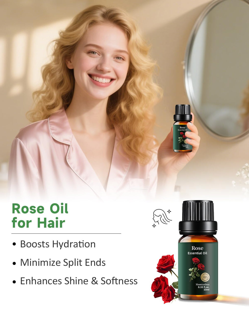 Rose essential oil for hair care, adding shine and vitality