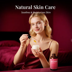 Rose essential oil label on amber glass bottle