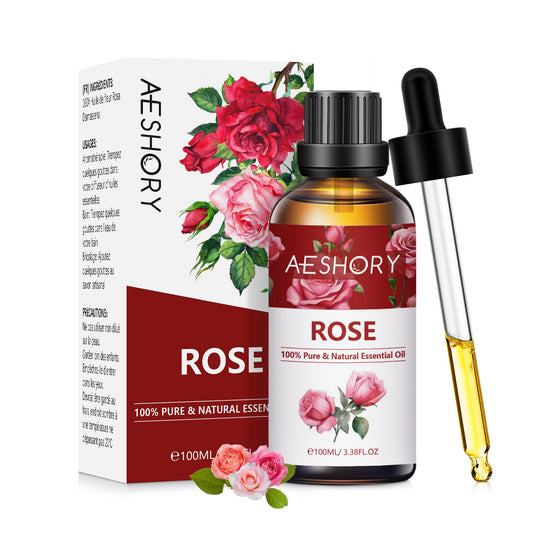 Amber glass bottle of rose essential oil for diffusers