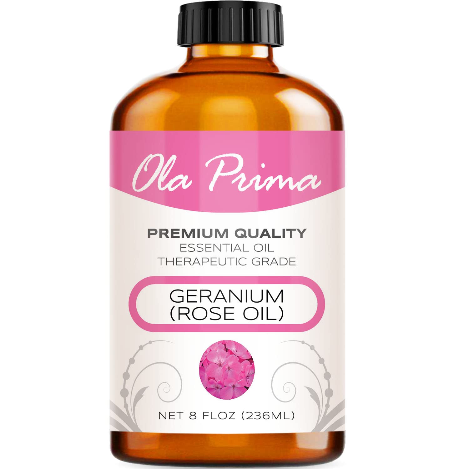 8oz amber bottle of Ola Prima Rose Geranium Essential Oil