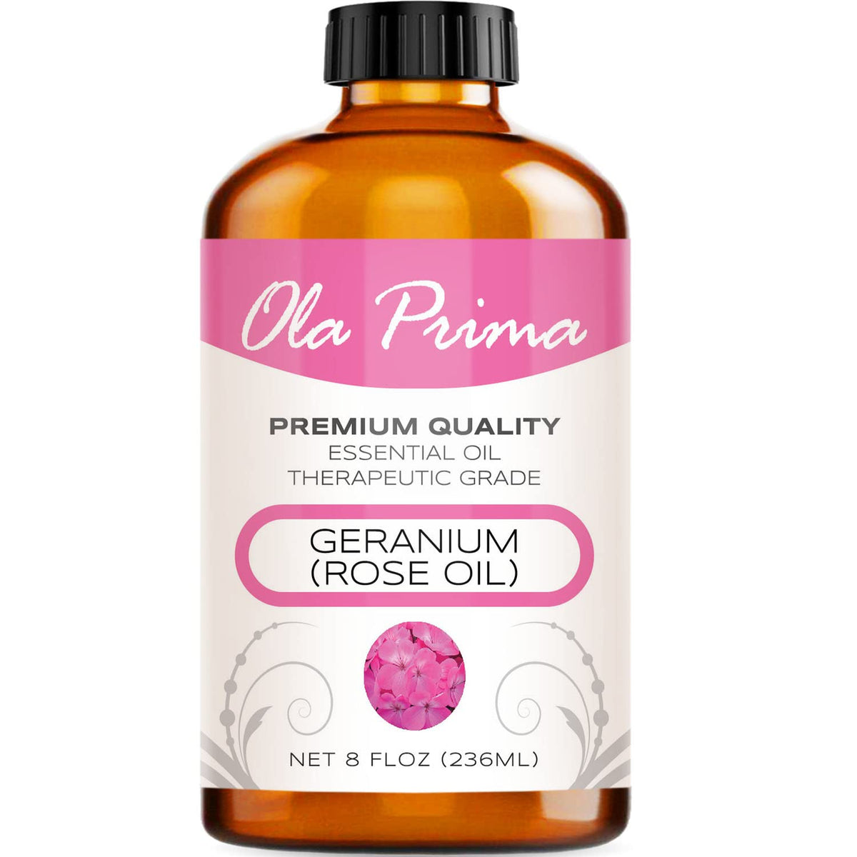 8oz amber bottle of Ola Prima Rose Geranium Essential Oil